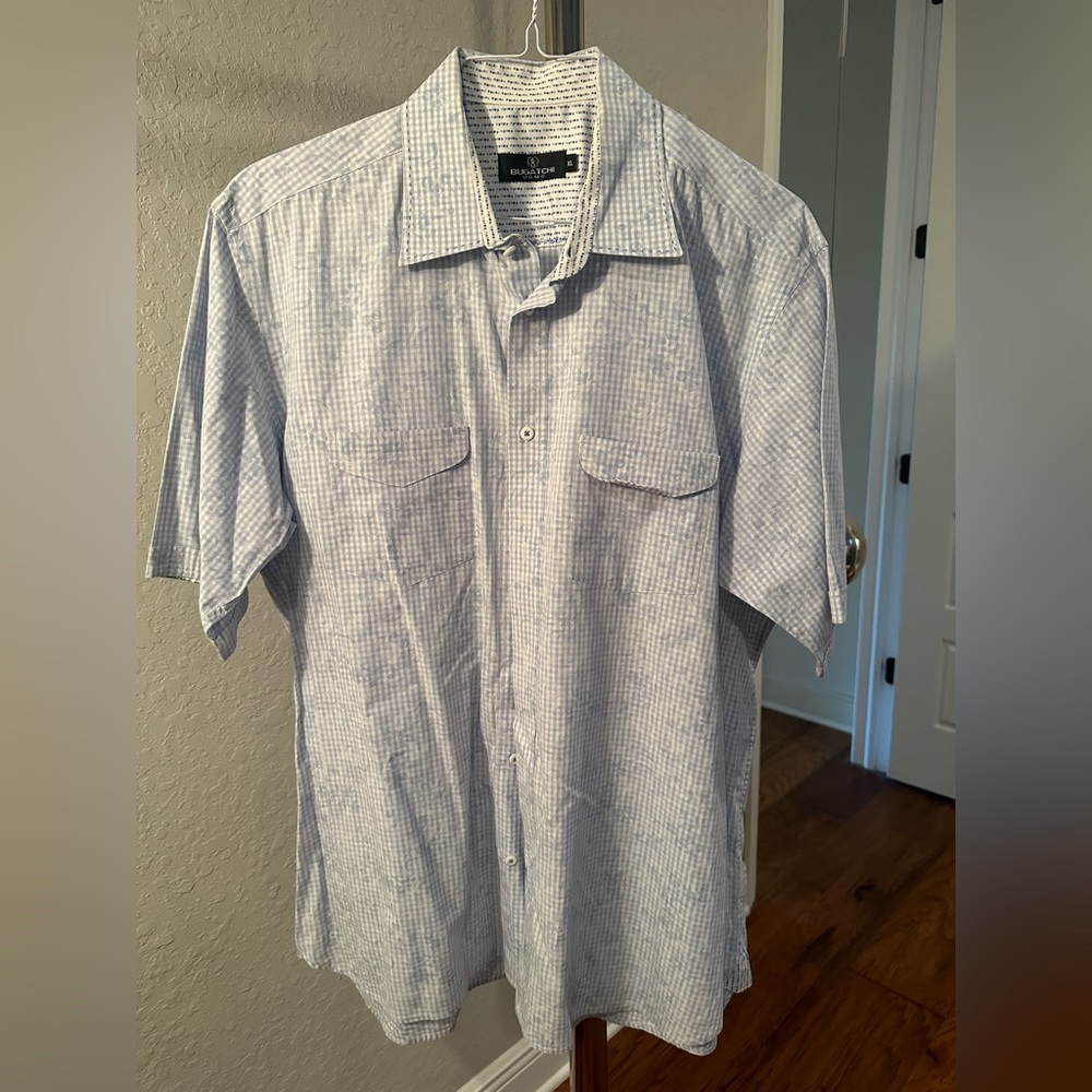 Men’s S/S Casual Bugatchi Button Down Shirt Blue/White Check Print